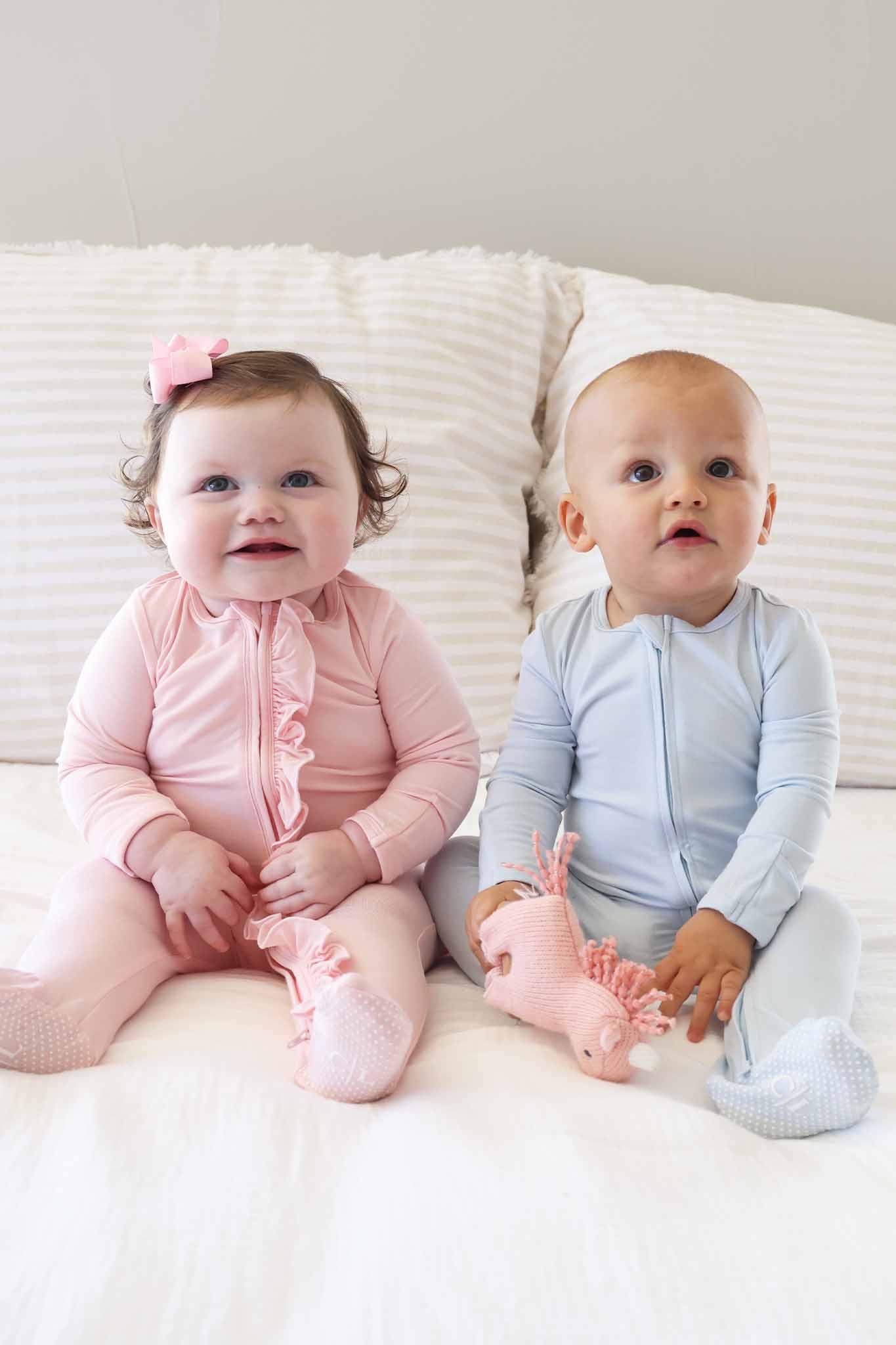 Baby Pink Bamboo Ruffle Zipper Footie