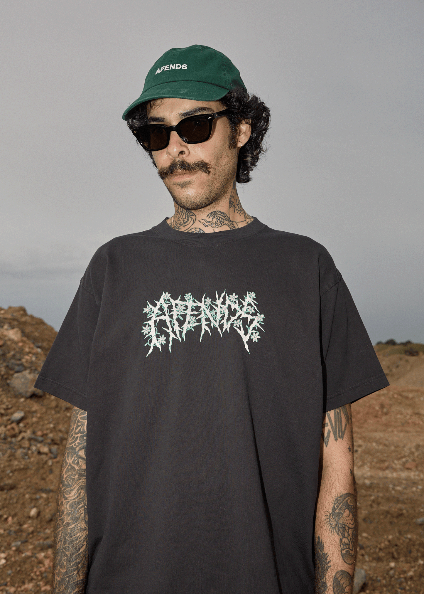 AFENDS Mens Heavy Petal - Heavyweight Boxy Tee - Stone Black