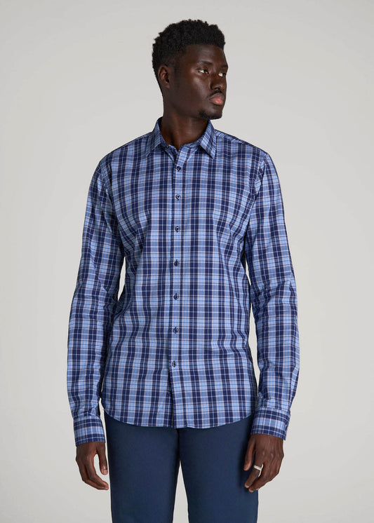 Oskar Easy Care Dress Shirt for Tall Men in Navy Blue Plaid
