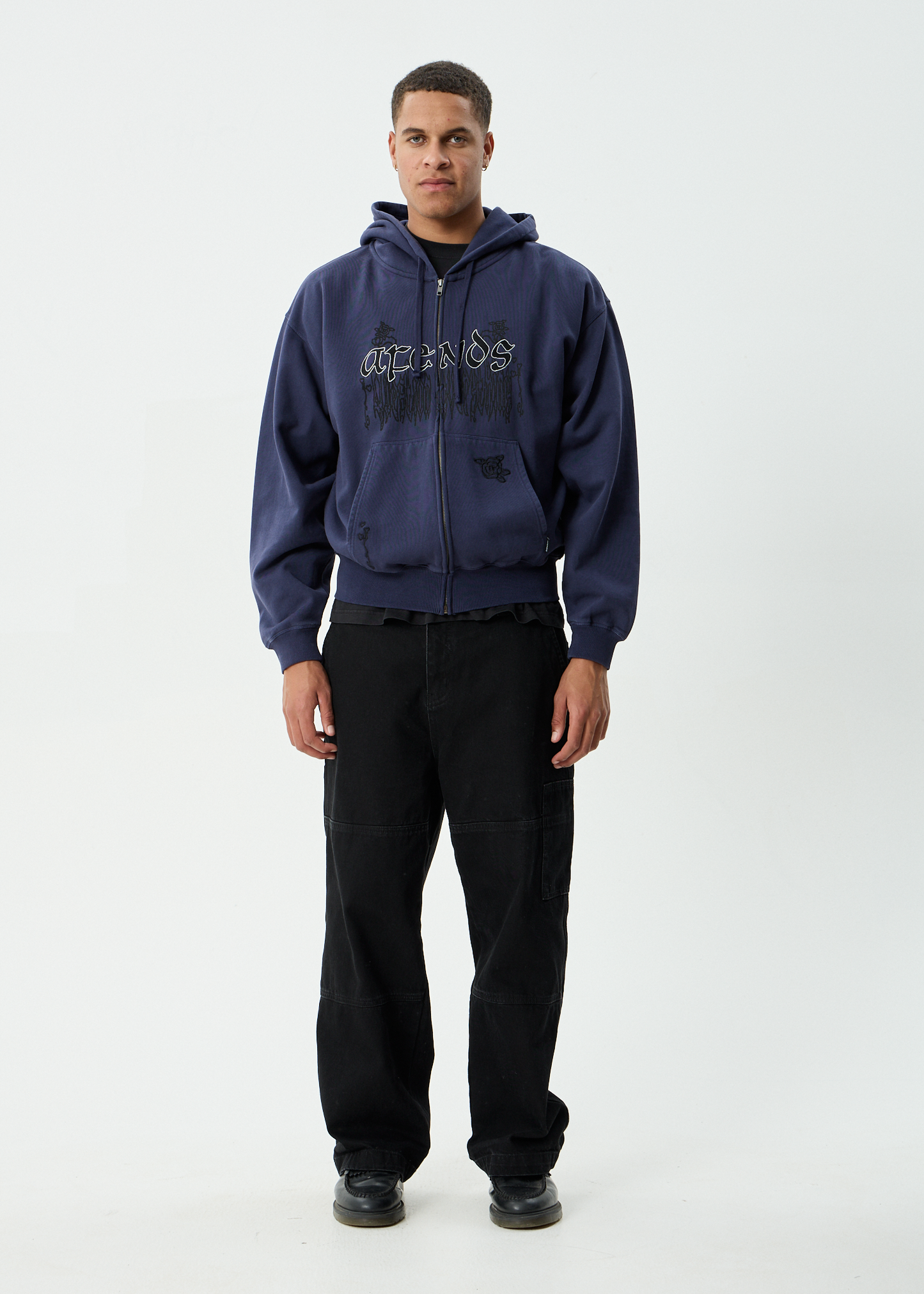 AFENDS Mens Pent-A-Gone - Boxy Zip Hood - Washed Deep Sea