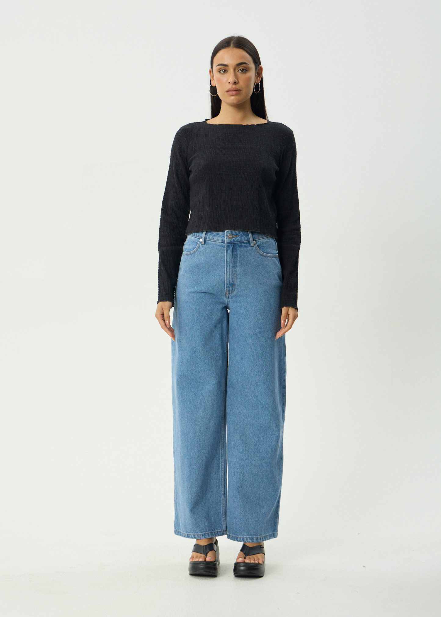 AFENDS Womens Focus - Seersucker Long Sleeve Top - Black