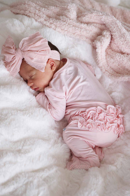 Baby Pink Bamboo Ruffle Zipper Footie