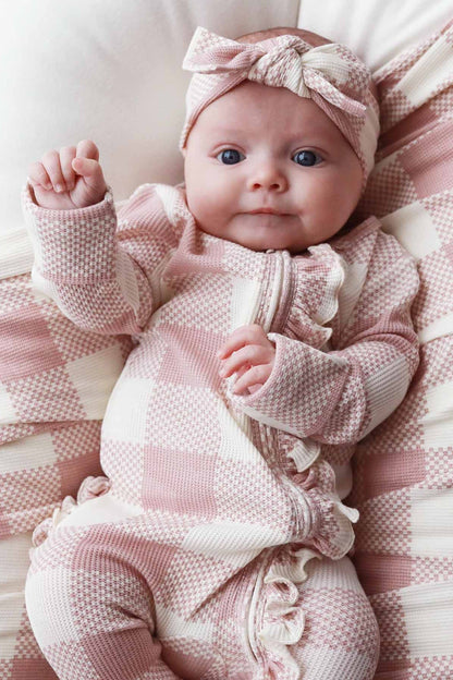 Big Check Bamboo Waffle Zipper Ruffle Footie | Rosy